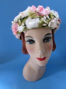 Exuberant Mid Century Floral Hat Candy Pink & White